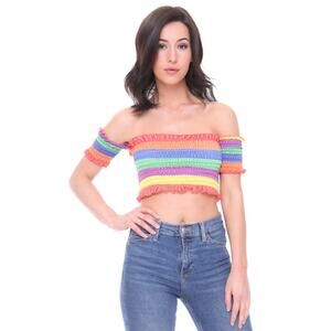 STYLEWISE Top 6 Rainbow Strip Smocked Off Shoulder Short Sleeve
